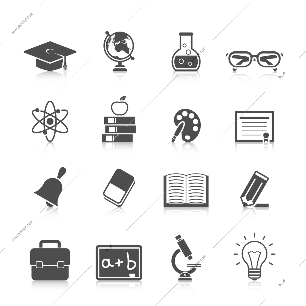 Education icon black set with graduation certificate palette bell microscope isolated vector illustration