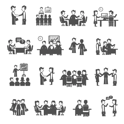 Meeting icons black set with men and women business personnel isolated vector illustration