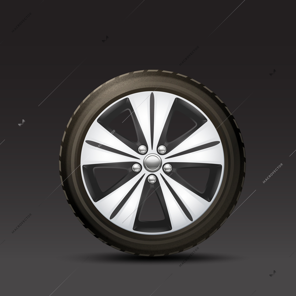 Realistic rubber and metal car wheel on black background vector illustration