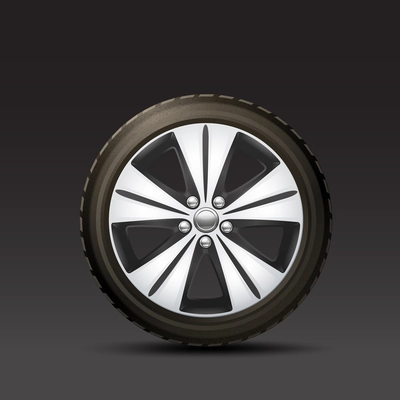 Realistic rubber and metal car wheel on black background vector illustration