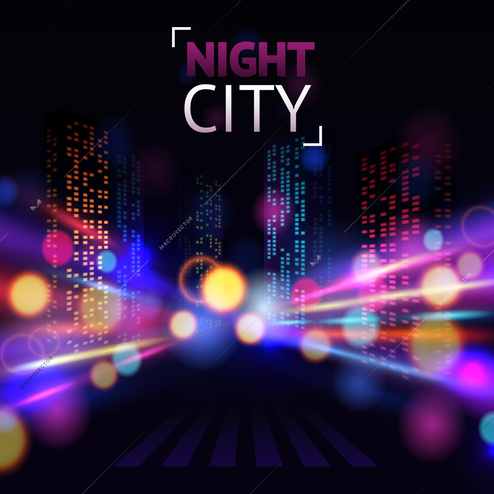 Night city with road and illuminated buildings on blur background vector illustration