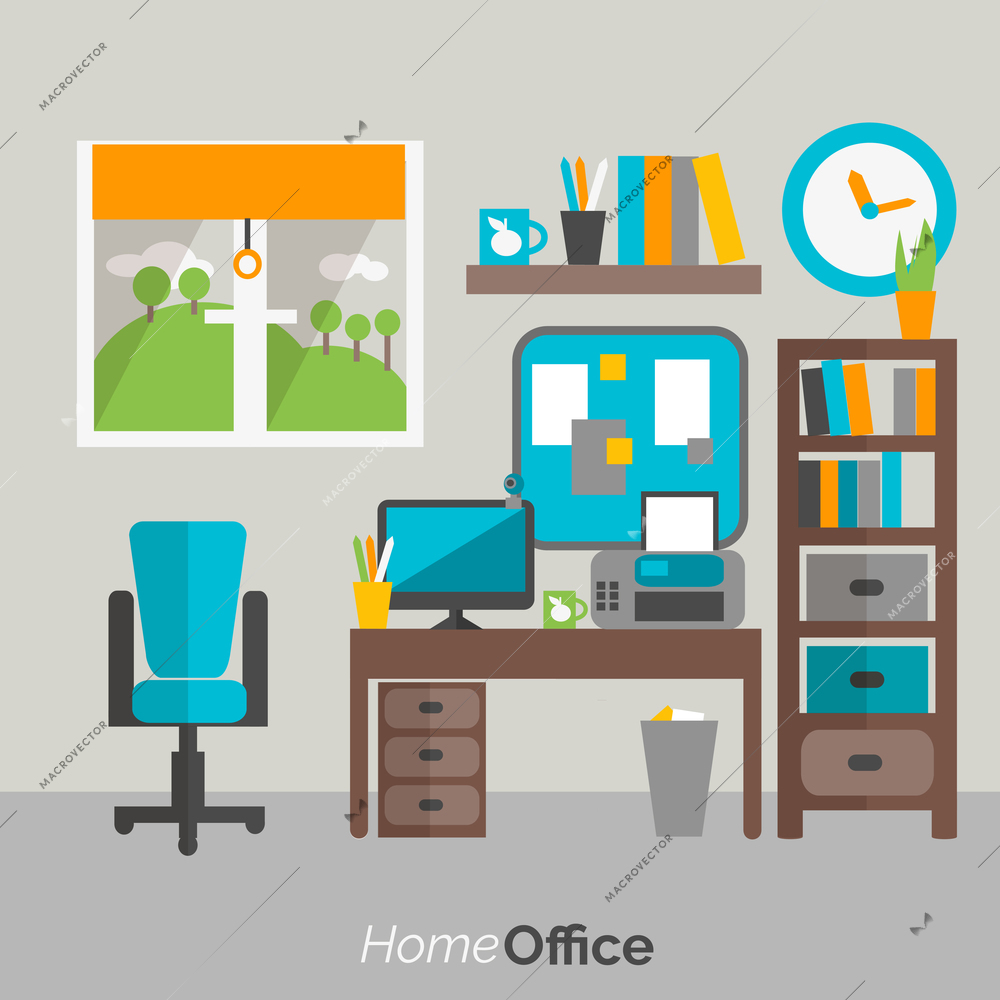 Home office  furniture shelves and drawers bookcase and  computer desk comfy chair poster flat abstract vector illustration