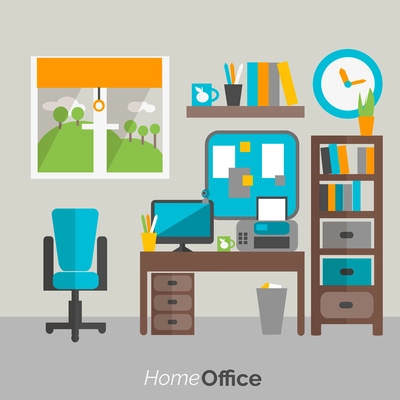 Home office  furniture shelves and drawers bookcase and  computer desk comfy chair poster flat abstract vector illustration