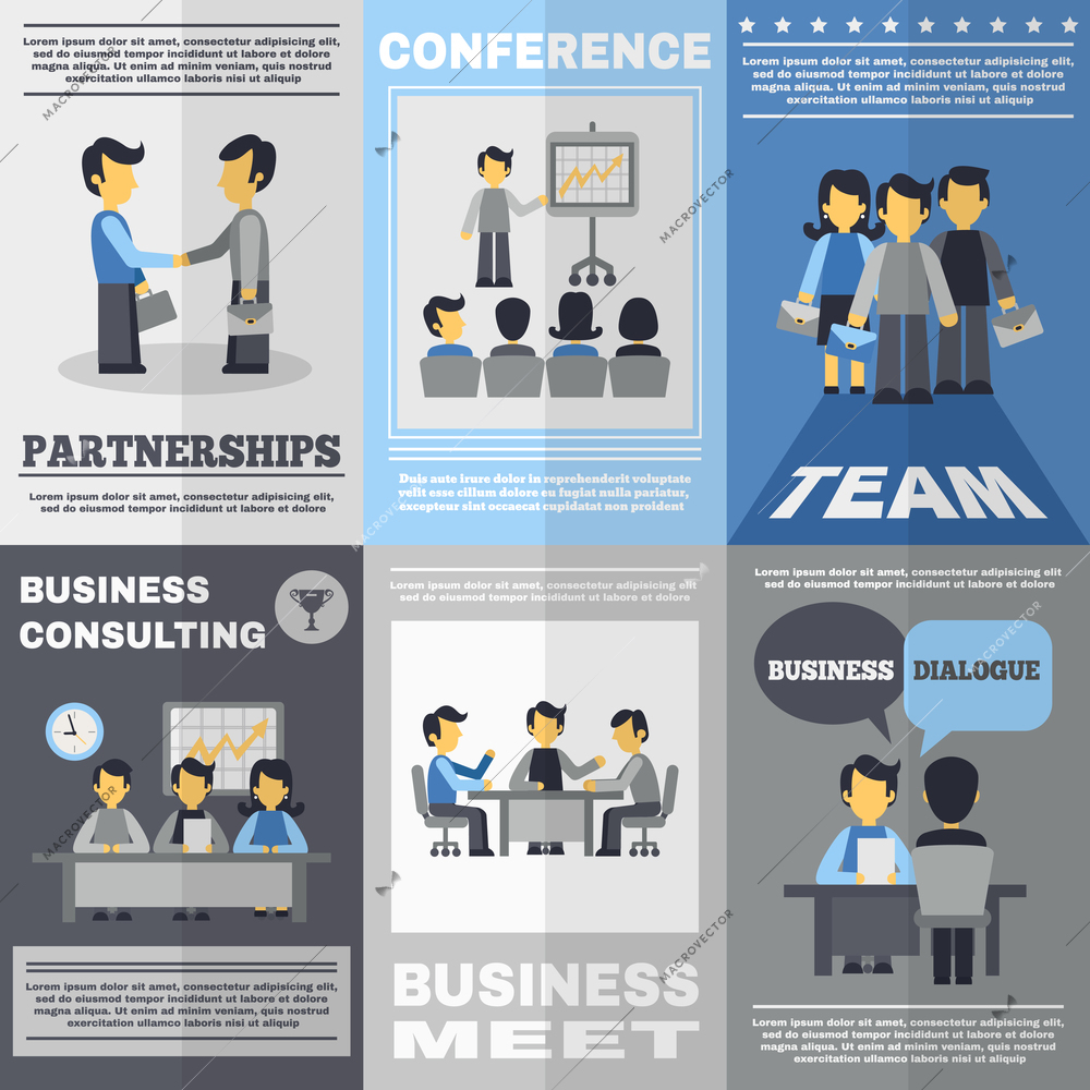 Business meeting partnership team and consulting poster set isolated vector illustration
