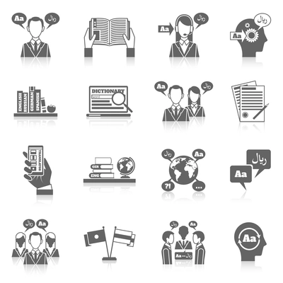 Translation and dictionary language education black icon set isolated vector illustration