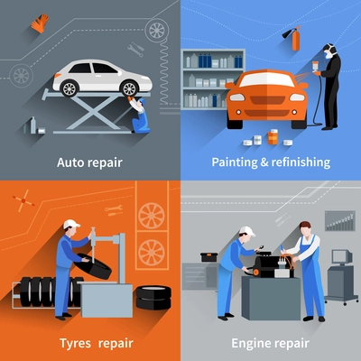 Mechanic design concept set with auto tyres and engine repair and painting flat icons isolated vector illustration