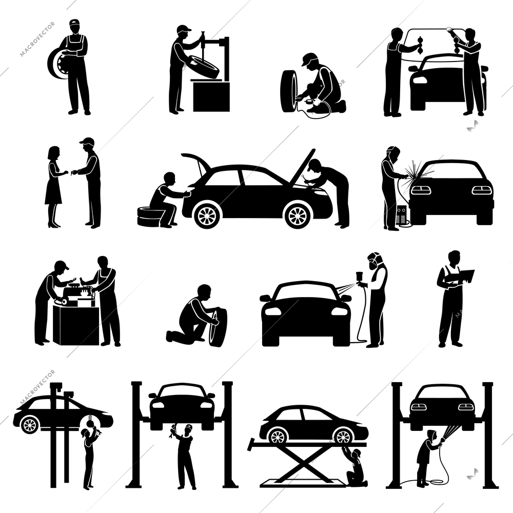 Auto service icons black set with mechanic and cars silhouettes isolated vector illustration