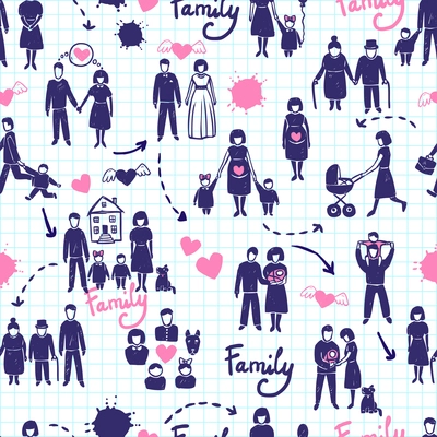 Family seamless pattern with hand drawn married couples kids and parents vector illustration