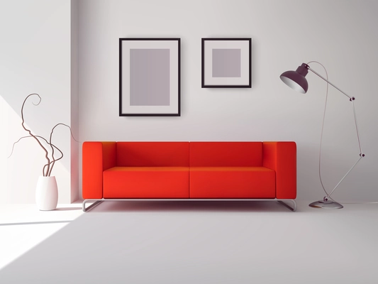 Realistic red square sofa with lamp and picture frames interior vector illustration