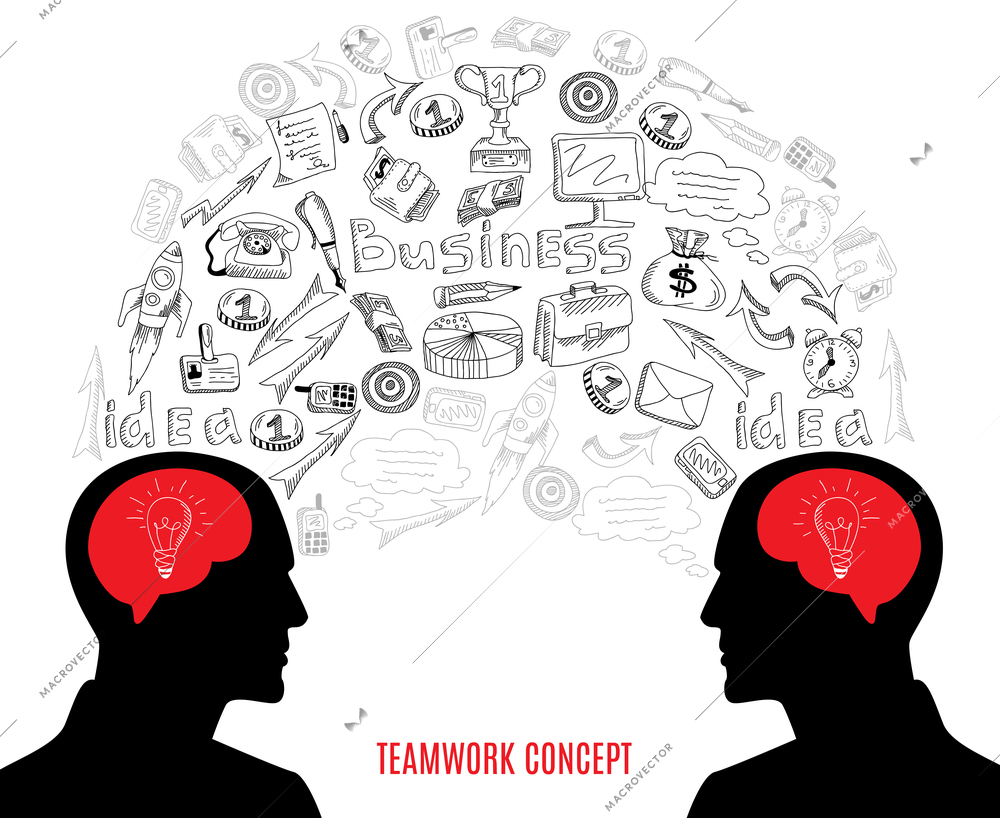 Successful business partners teamwork cooperation strategy concept black outlined icons composition with  brainstorm symbol abstract vector illustration