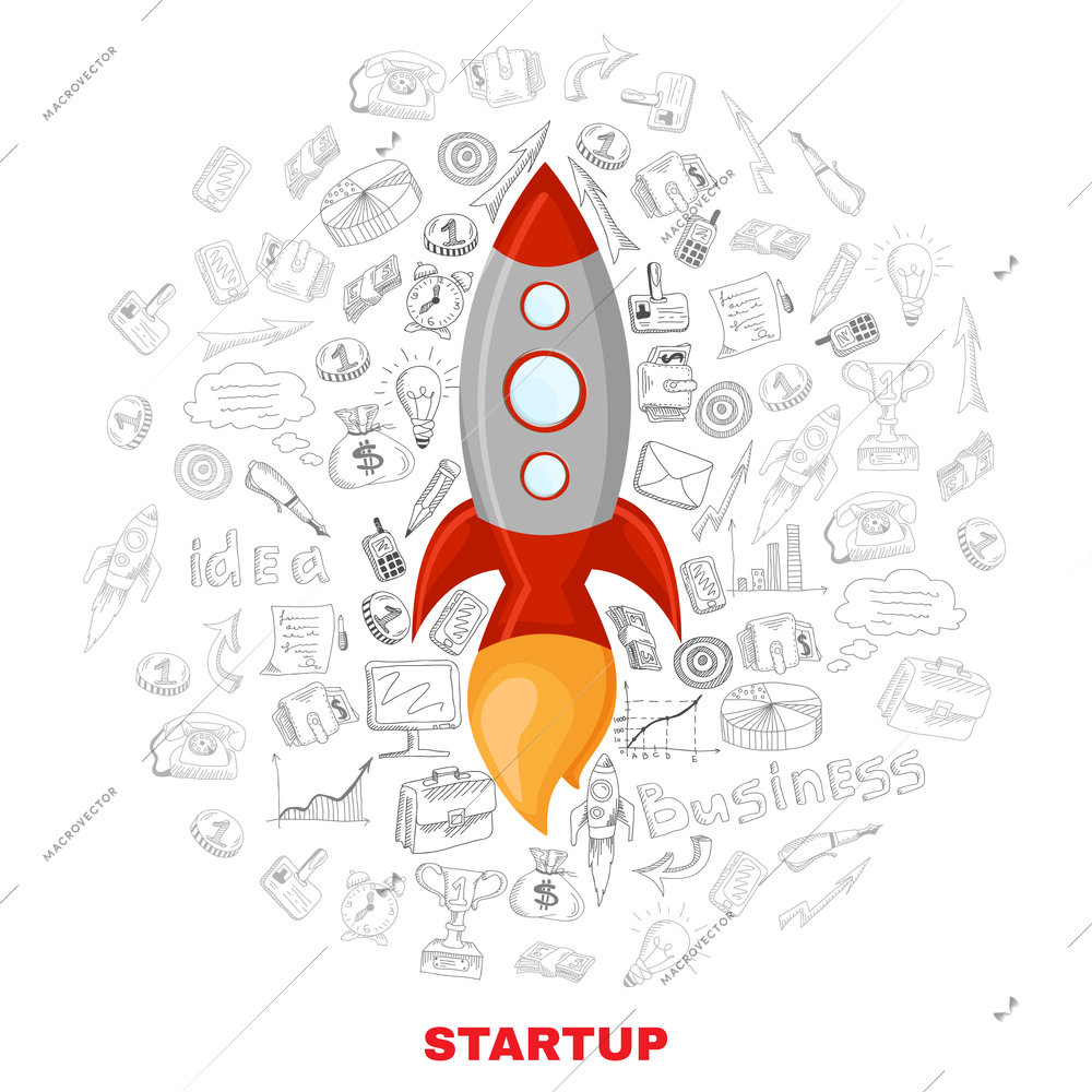 New business company successful startup launch planning concept icons background with satellite symbol poster abstract vector illustration