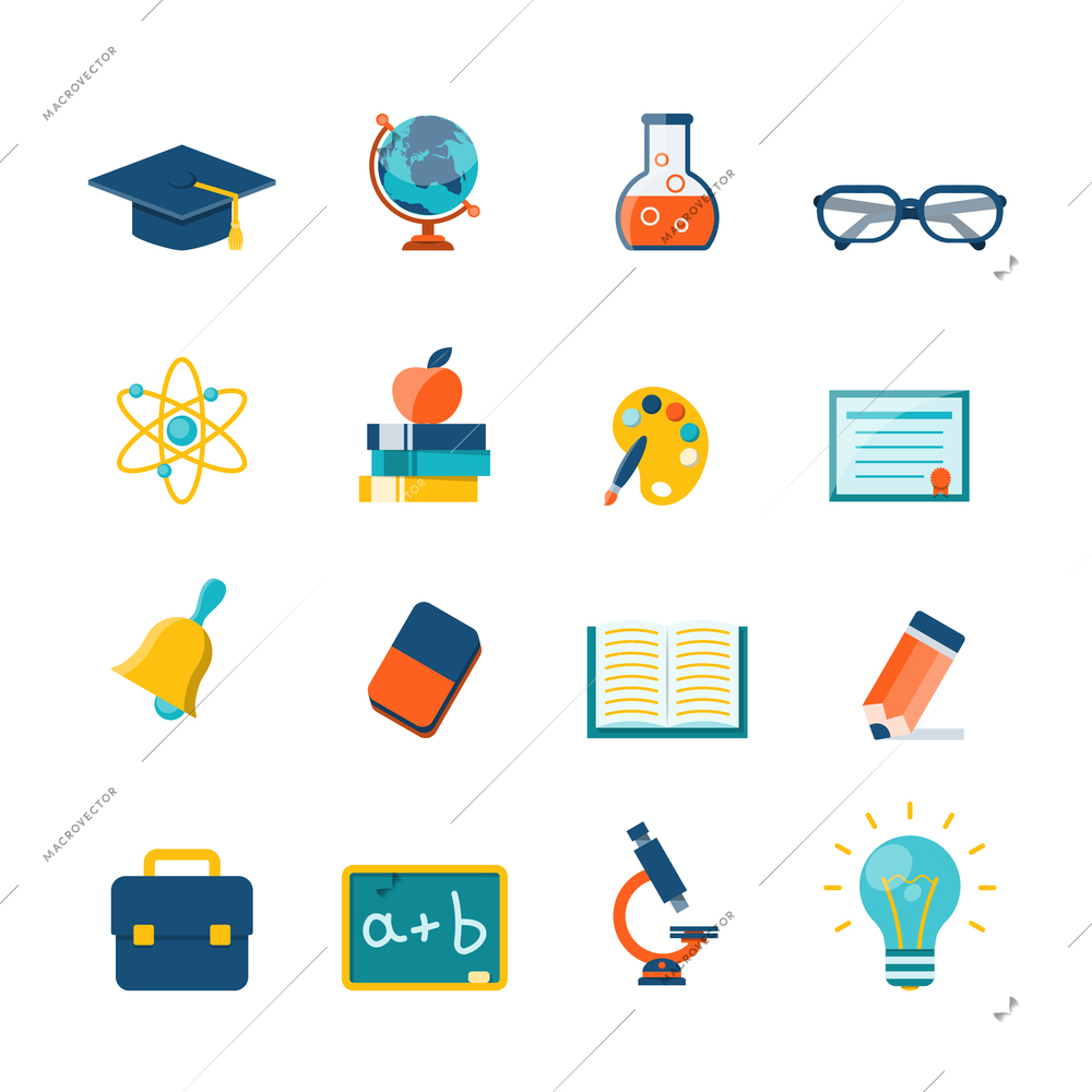 Education flat icons set with blackboard globe book diploma isolated vector illustration