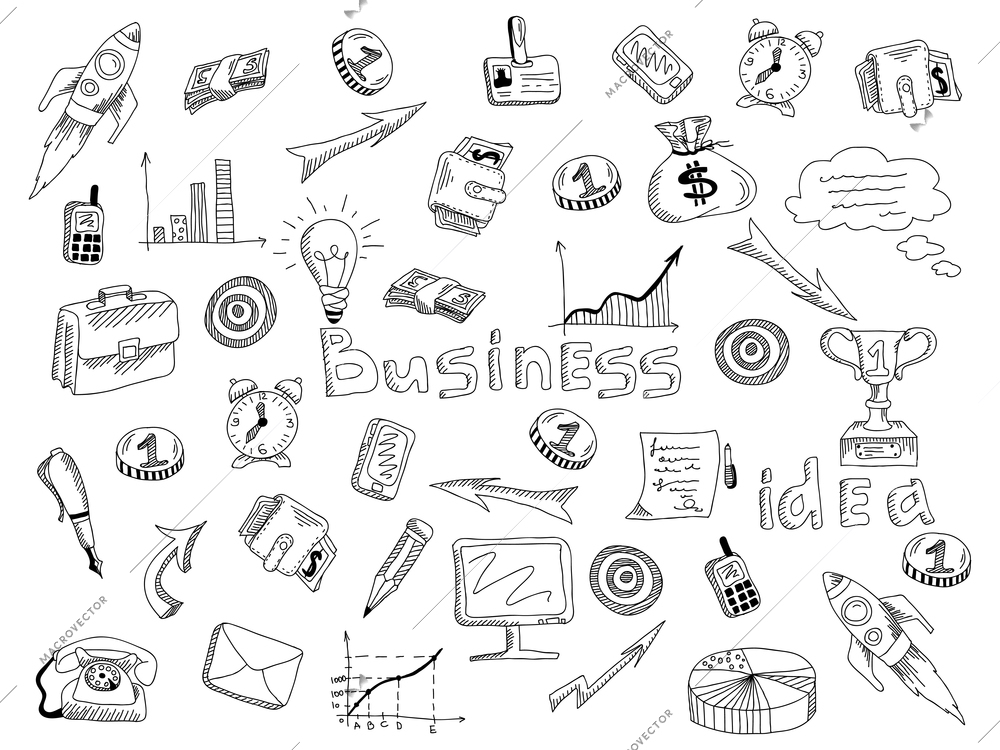 Growing successful business main strategic company organizing principles symbols outlined icons composition black sketch abstract vector illustration