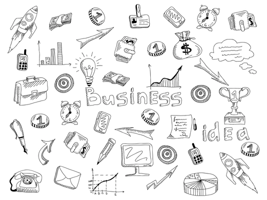 Growing successful business main strategic company organizing principles symbols outlined icons composition black sketch abstract vector illustration