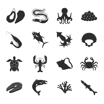 Sea food black icons set with lobster salmon shrimp and tuna isolated vector illustration