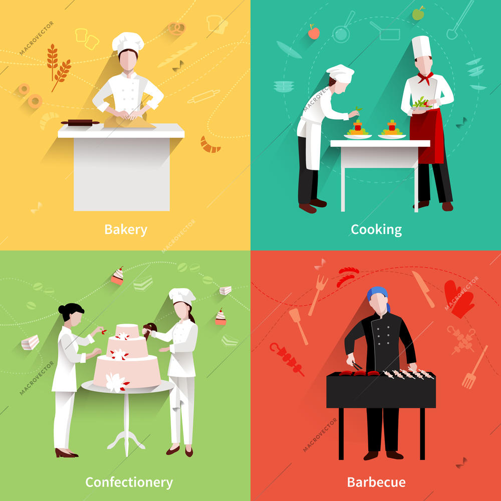 Cooking design concept set with bakery confectionery and barbecue making flat icons isolated vector illustration