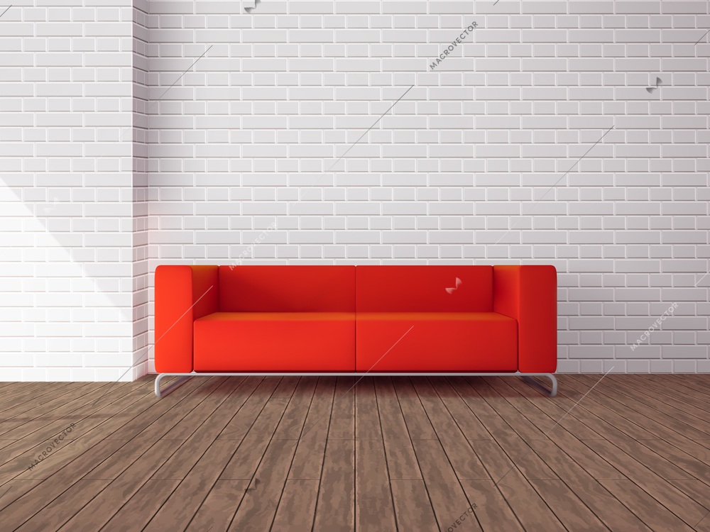 Realistic red sofa in room with wooden floor and white brick wall vector illustration