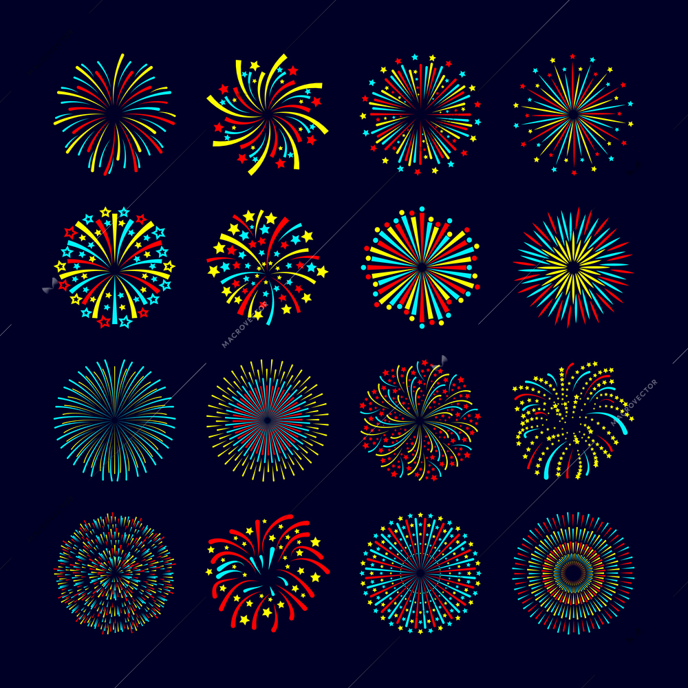 Party and holiday event firework icon flat set isolated vector illustration