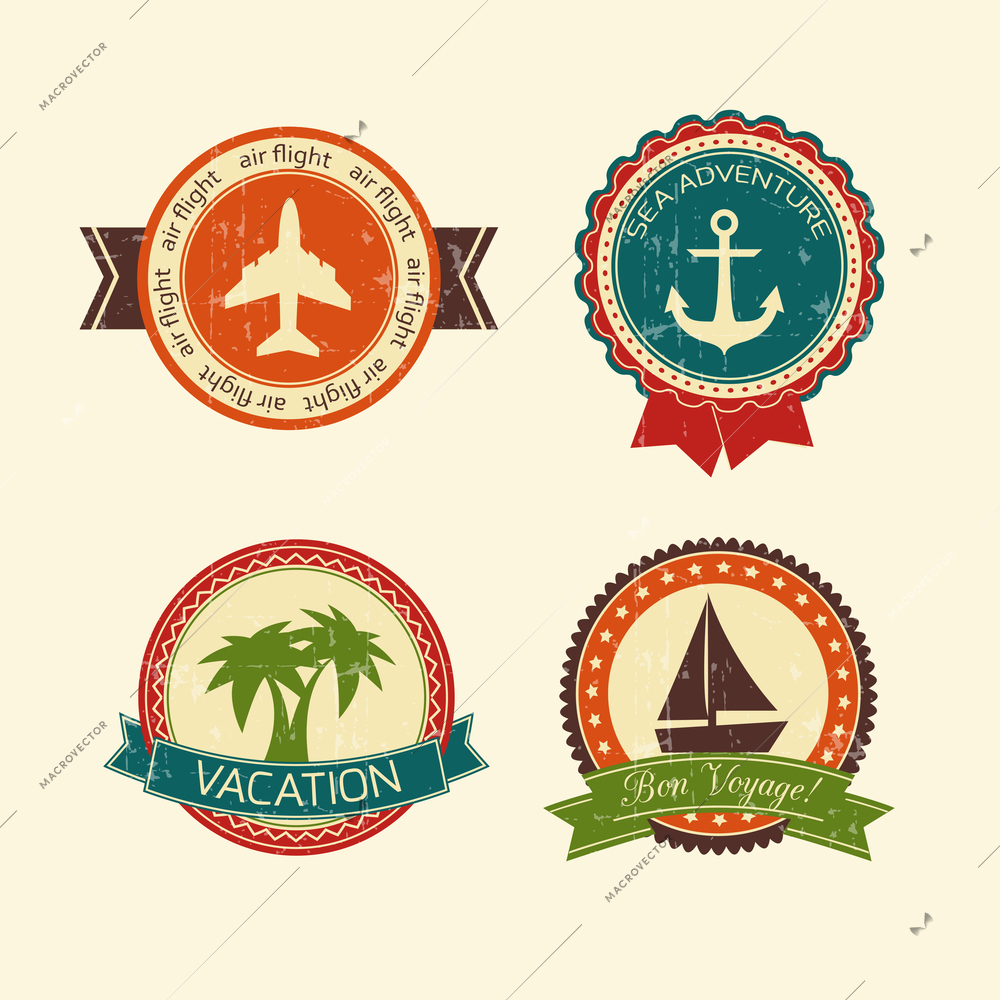 Vacations travel badges collection of yacht boat plane palm tree and anchor isolated vector illustration