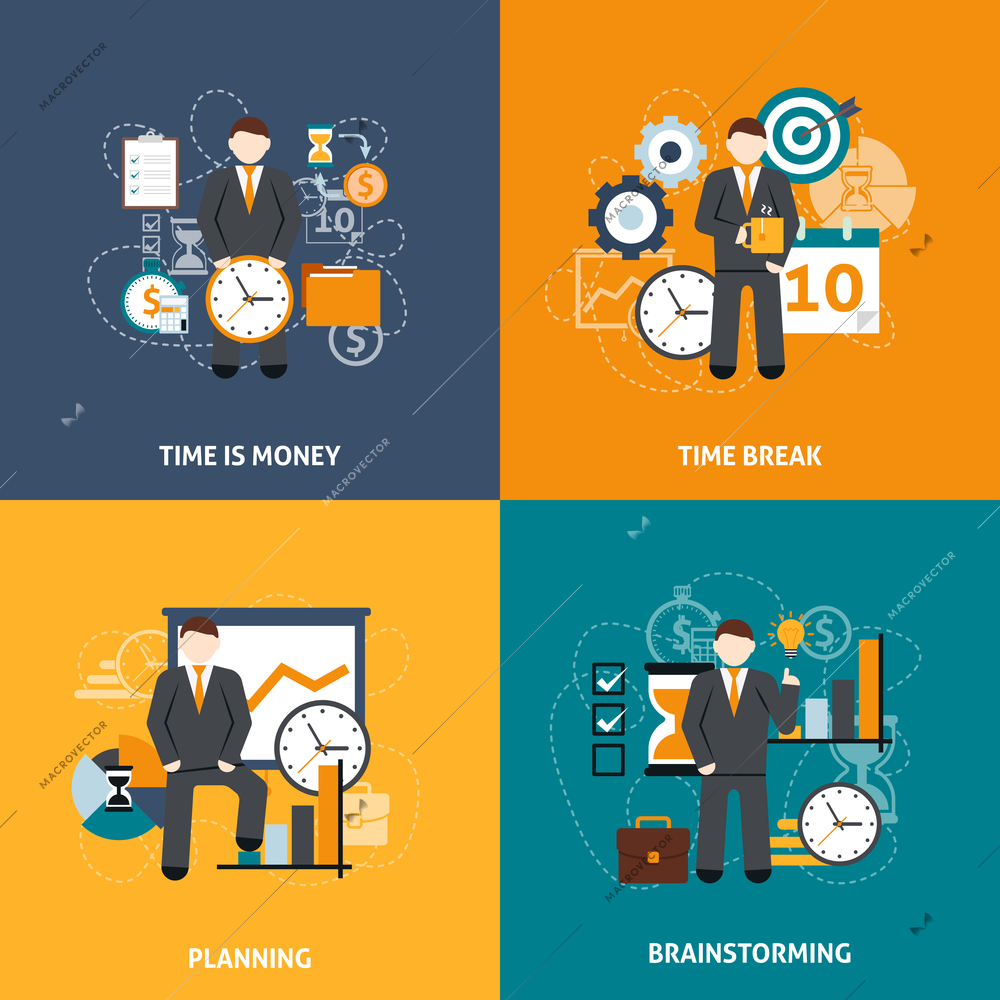 Time management design concept set with money planning and brainstorming flat icons isolated vector illustration