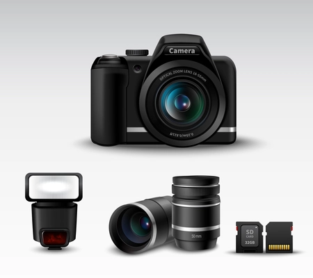 Realistic photo camera and flash lens sd card accessory set vector illustration