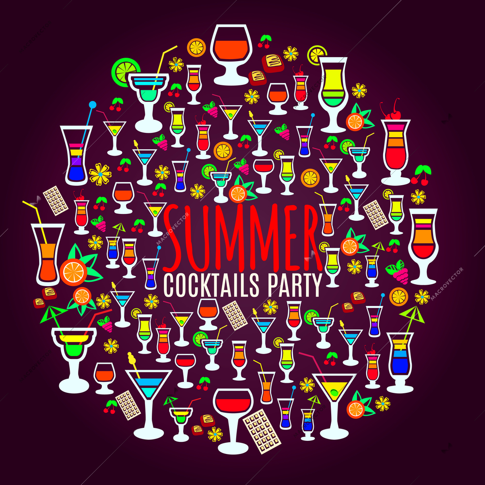 Bright and fun to drink tropical cocktails icons circle party poster with dark background abstract vector illustration