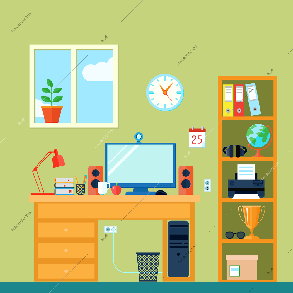 Workspace in room with computer on desk and bookshelf flat vector illustration