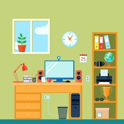 Workspace in room with computer on desk and bookshelf flat vector illustration