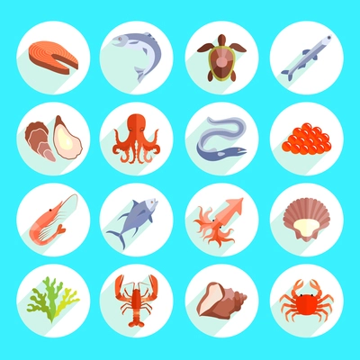 Sea food icons flat set with prawn oyster fish caviar isolated vector illustration