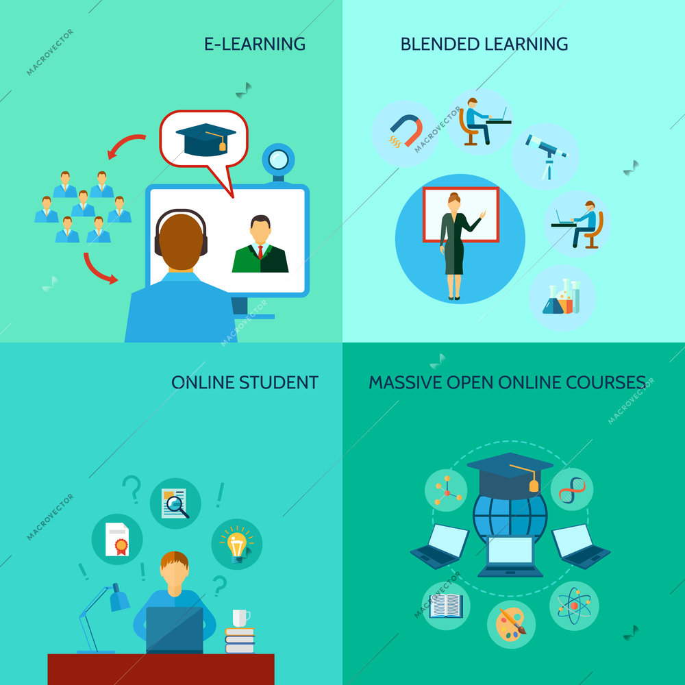 Online education design concept set with e-learning student courses flat icons isolated vector illustration