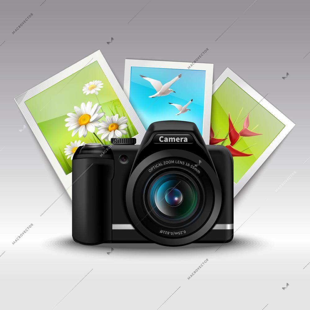 Realistic digital camera and photo pictures card set vector illustration