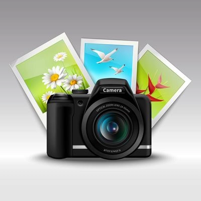 Realistic digital camera and photo pictures card set vector illustration