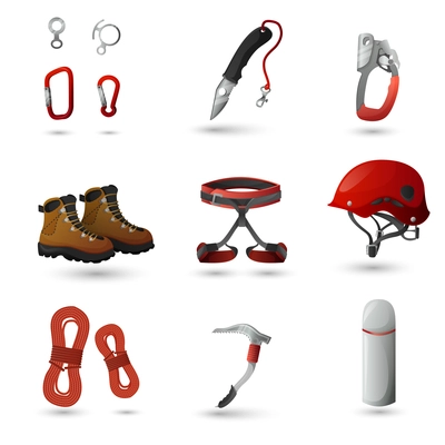 Mountain climbing equipment tools and accessories icons set with ice axe and harness abstract isolated vector illustration