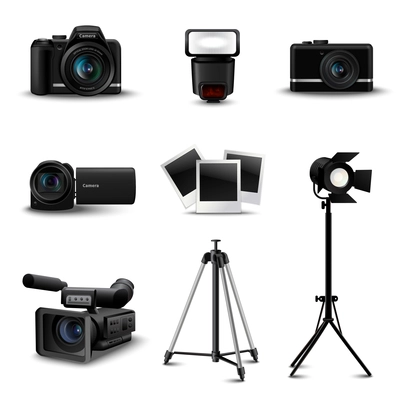 Realistic camera icons and photo equipment set isolated vector illustration