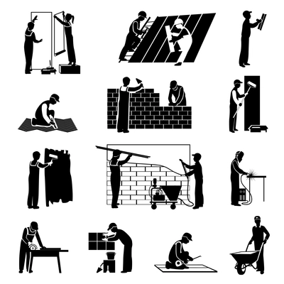 Professional construction workers builders and laborers black icons set isolated vector illustration