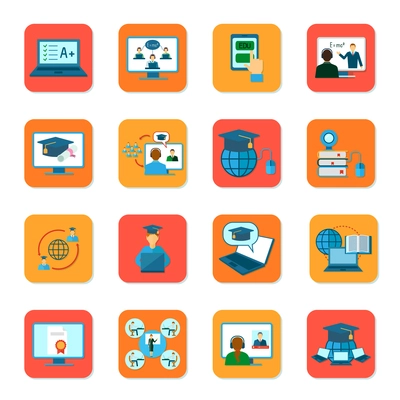 Online education teaching and graduation icons set isolated vector illustration