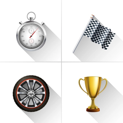 Racing decorative icons set with realistic stopwatch flag wheel and trophy cup isolated vector illustration