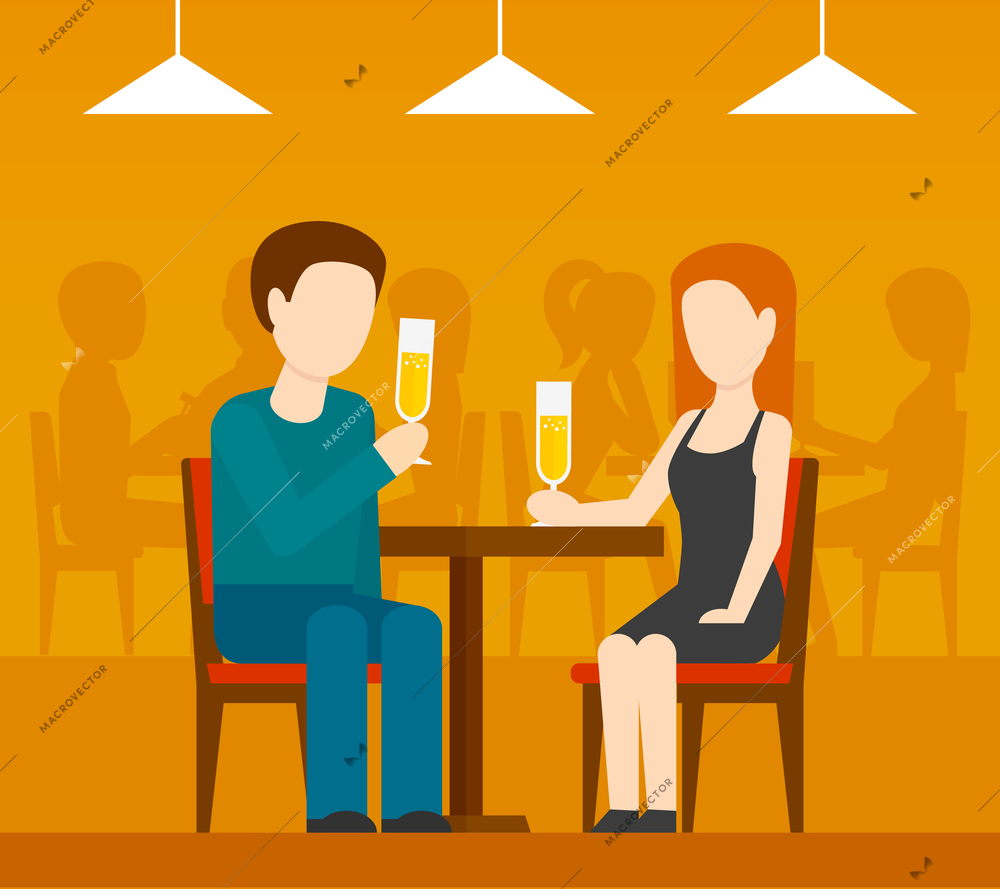 Young romantic couple sitting at the table drinking champagne date in restaurant with people silhouettes on background flat vector illustration