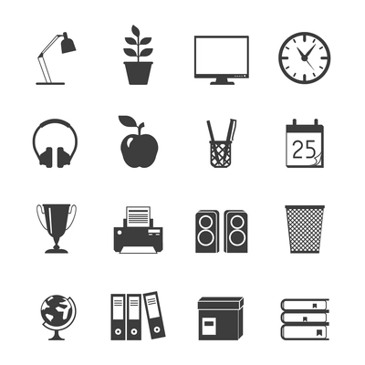 Room workspace black flat icons set with globe lamp books isolated vector illustration