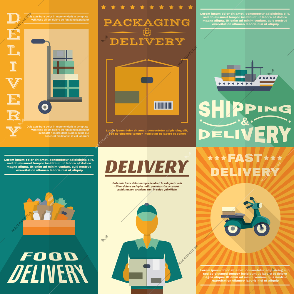 Delivery mini poster set with fast food packaging and shipping signs isolated vector illustration