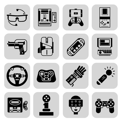 Gaming gadgets video player technologies black set isolated vector illustration