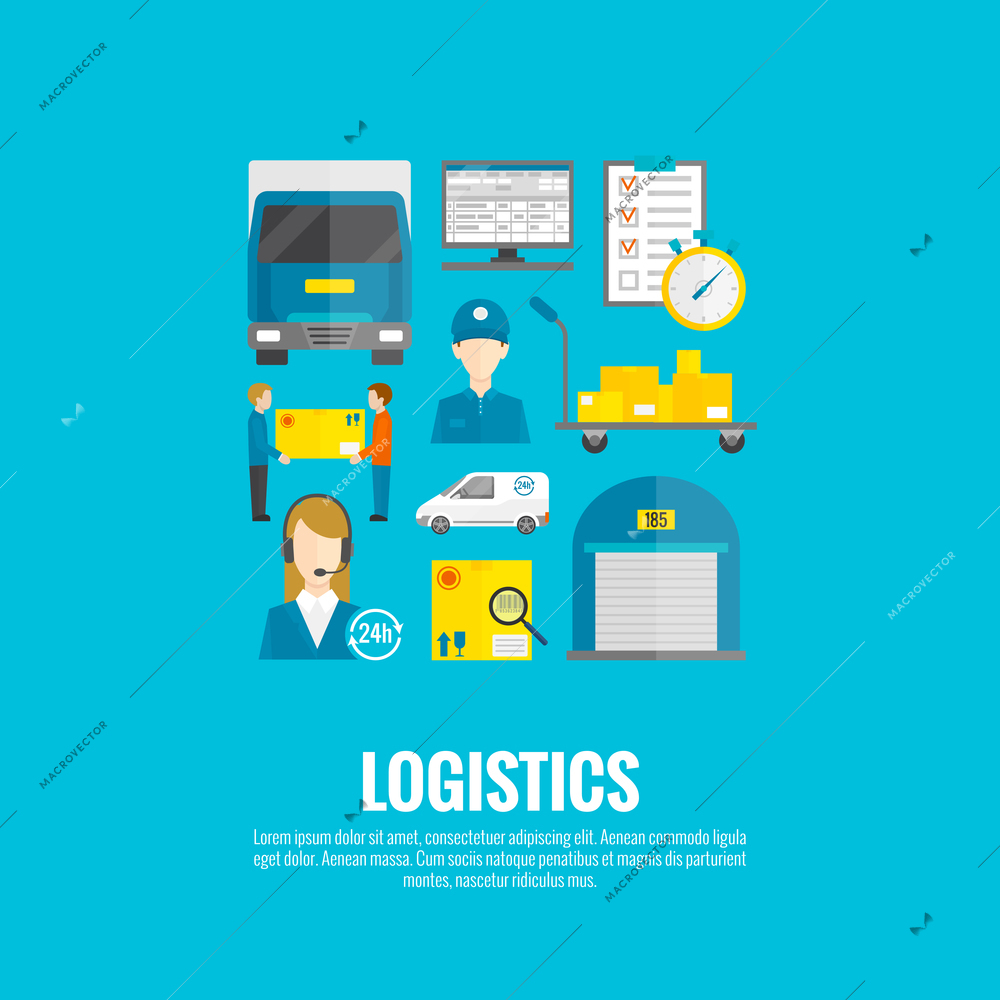 Logistic concept with flat delivery and transport system icons set vector illustration