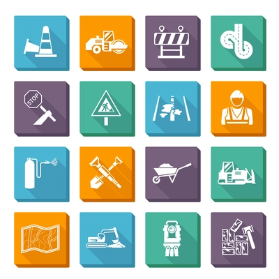 Road worker flat icons set with construction tools and machines isolated vector illustration