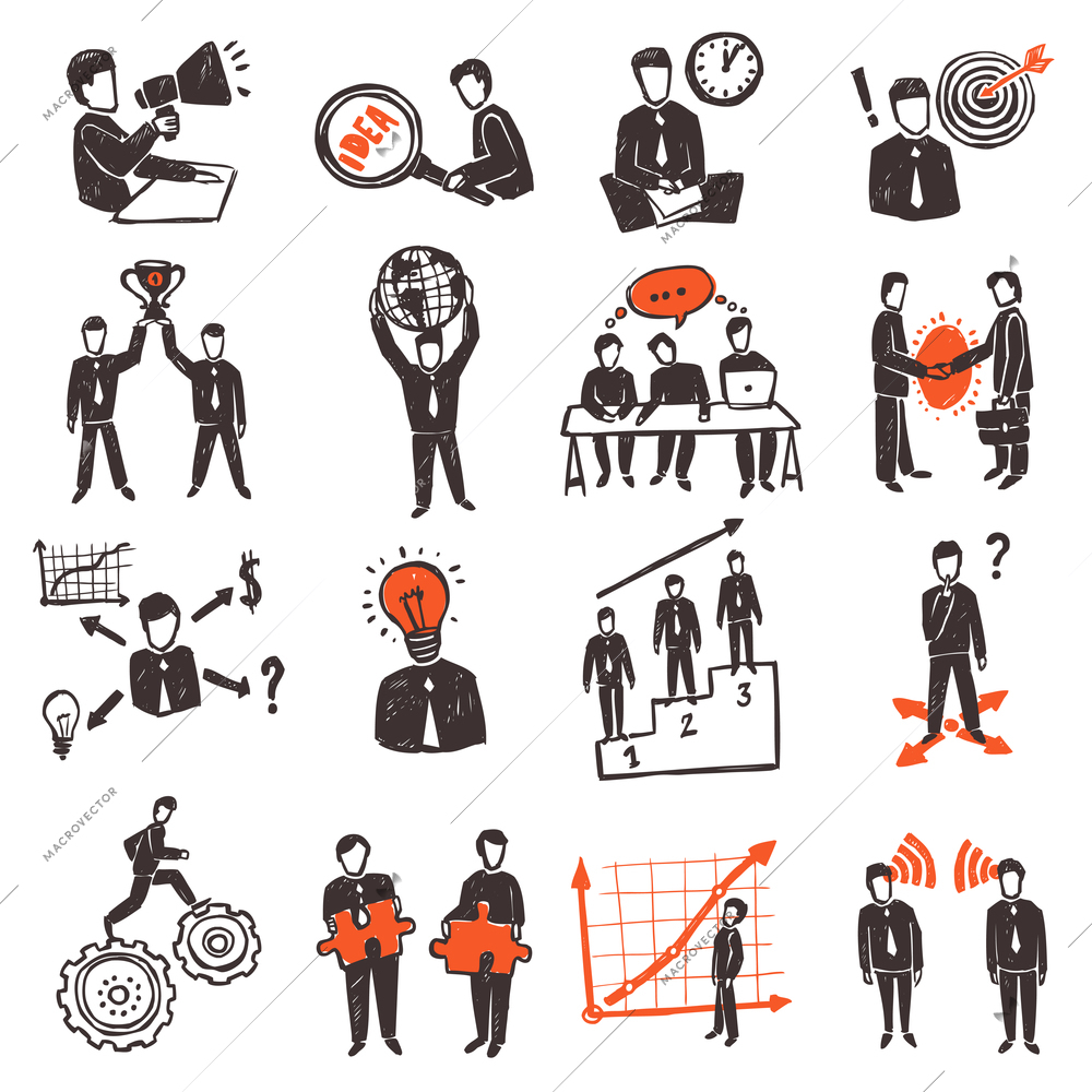 Meeting icon set with hand drawn business people characters set isolated vector illustration