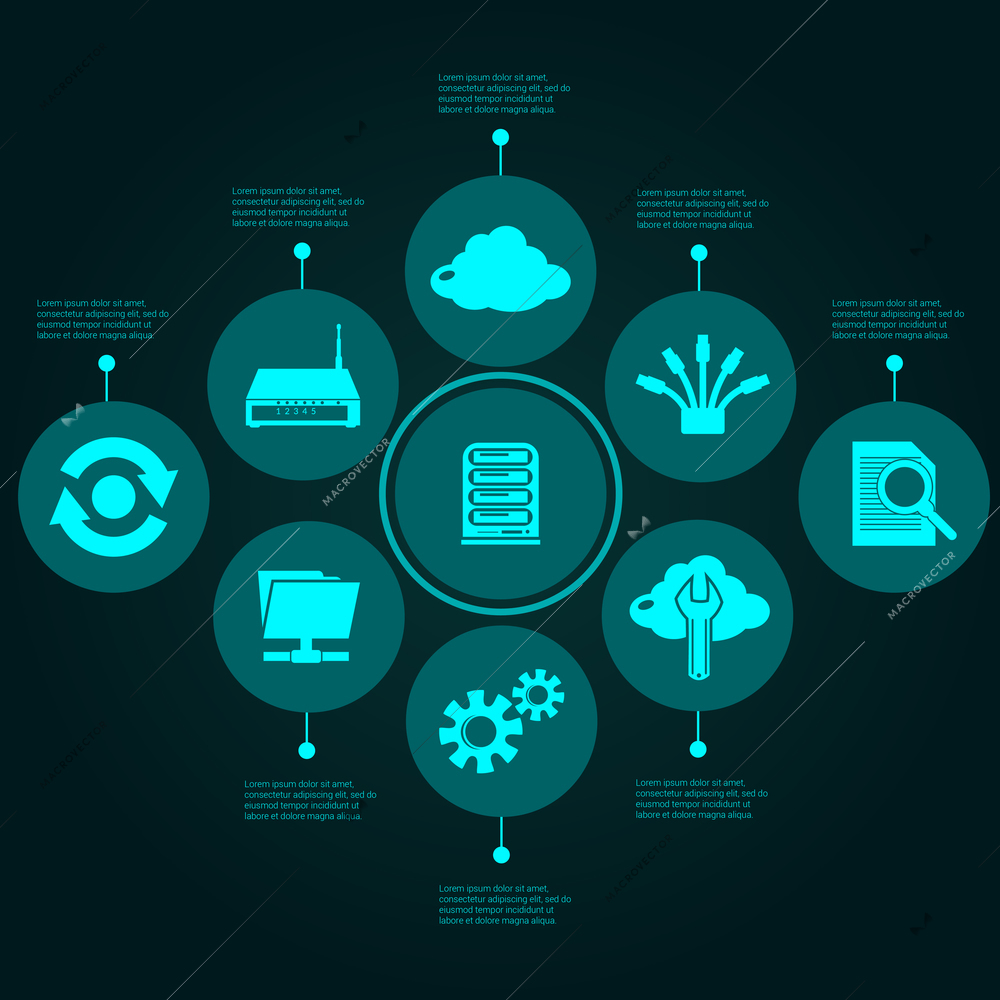 Digital network infographics set with cloud computing symbols vector illustration