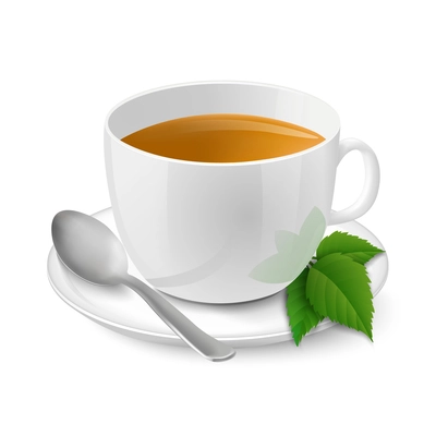 Side view on realistic white cup filled with black tea and mint vector illustration