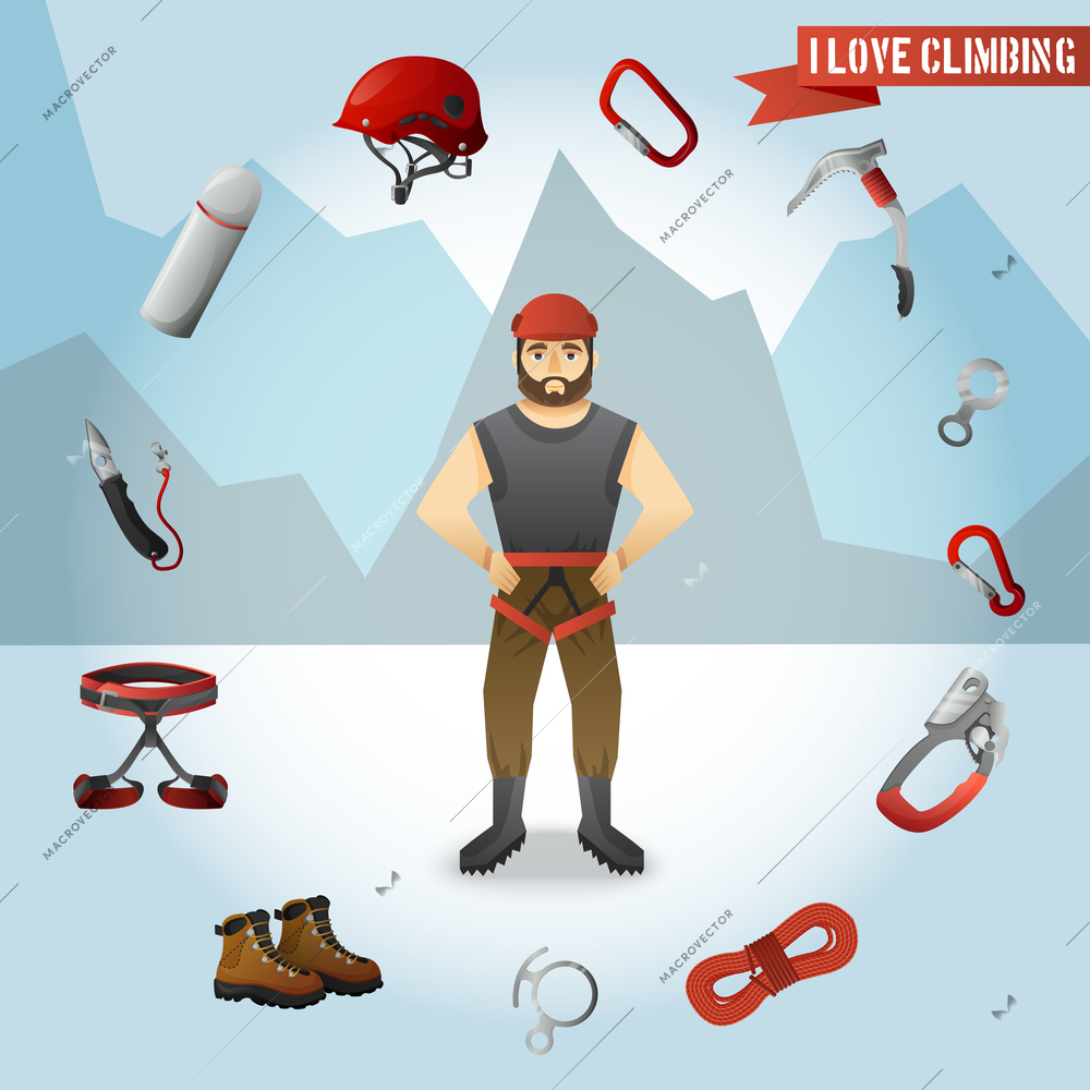 Mountain climber cartoon character with alpinist tools and accessories circle against mountains background poster absrtact vector illustration