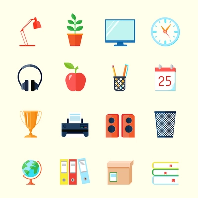 Room interior flat icons set with computer monitor award cup calendar isolated vector illustration