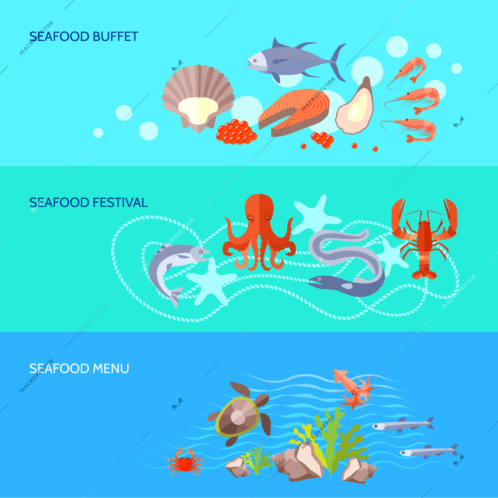 Sea food horizontal banner set with seafood buffet festival menu elements isolated vector illustration