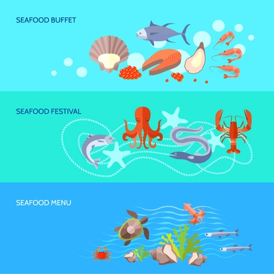 Sea food horizontal banner set with seafood buffet festival menu elements isolated vector illustration